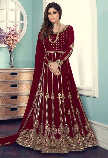 Tasteful Maroon Color Georgette Fabric Partywear Suit