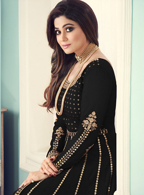 Tasteful Black Color Georgette Fabric Partywear Suit