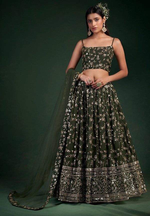 Superb Green Color Georgette Fabric Party Wear Lehenga