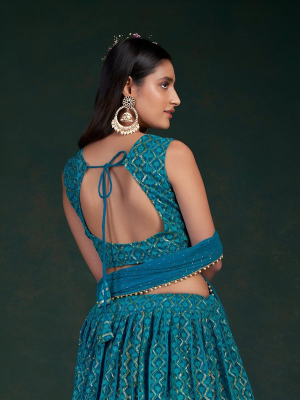 Superb Teal Color Georgette Fabric Party Wear Lehenga