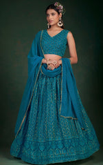 Superb Teal Color Georgette Fabric Party Wear Lehenga