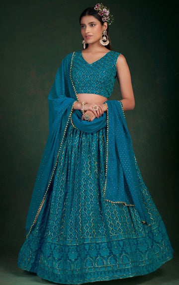 Superb Teal Color Georgette Fabric Party Wear Lehenga