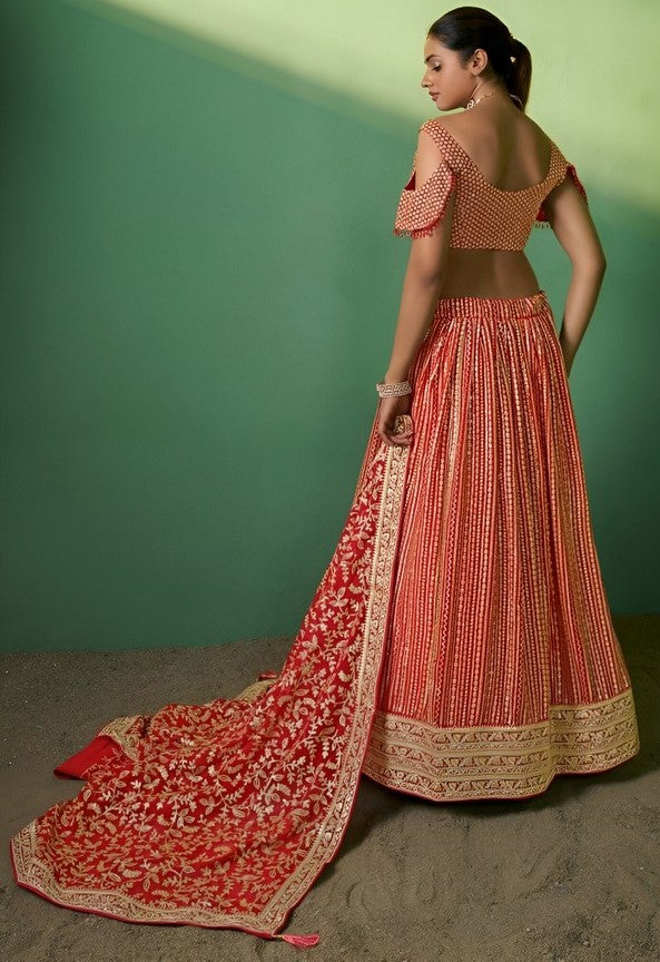 Superb Red Color Georgette Fabric Party Wear Lehenga