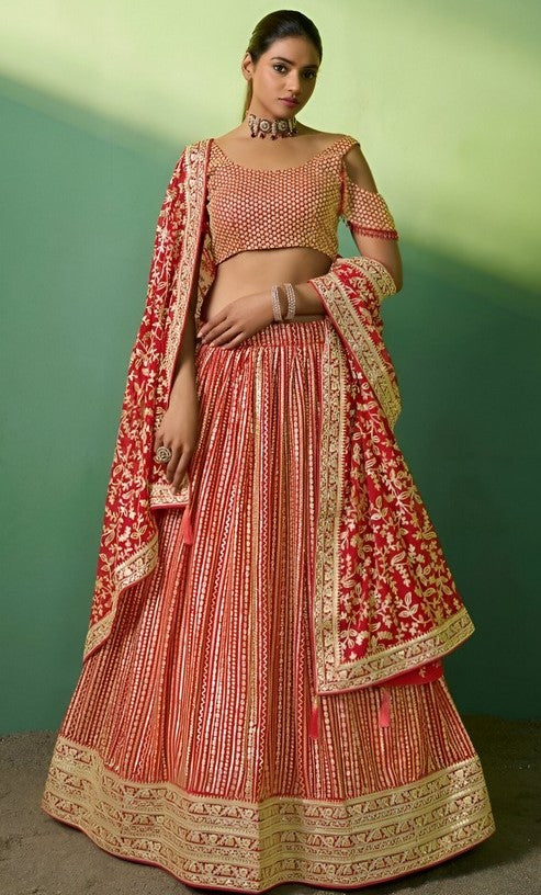 Superb Red Color Georgette Fabric Party Wear Lehenga