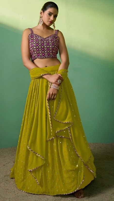 Superb Green Color Georgette Fabric Party Wear Lehenga