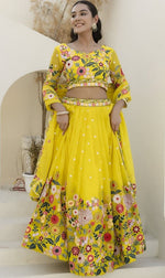Superb Yellow Color Organza Fabric Party Wear Lehenga