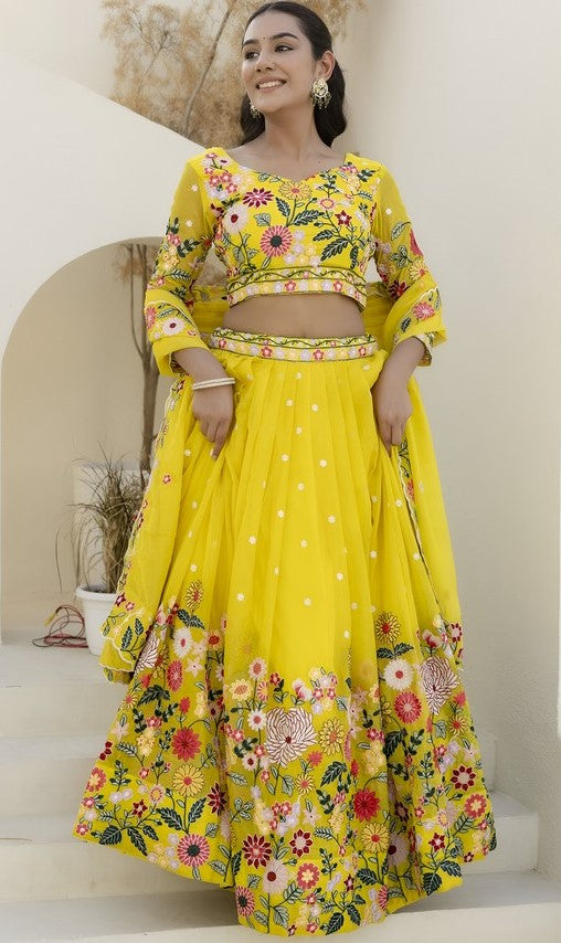 Superb Yellow Color Organza Fabric Party Wear Lehenga