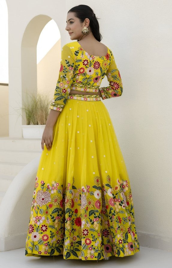 Superb Yellow Color Organza Fabric Party Wear Lehenga