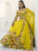 Superb Yellow Color Organza Fabric Party Wear Lehenga