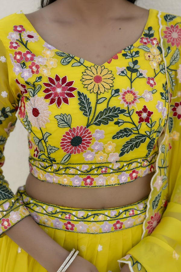 Superb Yellow Color Organza Fabric Party Wear Lehenga