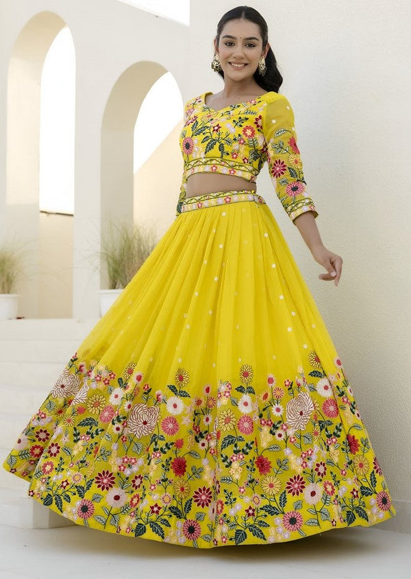 Superb Yellow Color Organza Fabric Party Wear Lehenga