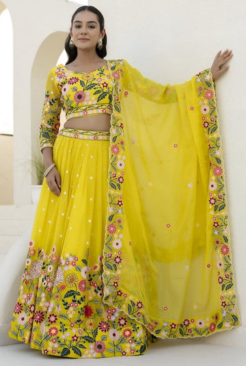 Superb Yellow Color Organza Fabric Party Wear Lehenga