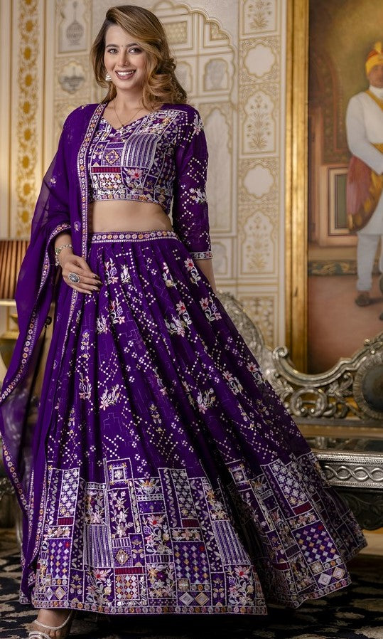 Superb Purple Color Blooming Fabric Party Wear Lehenga