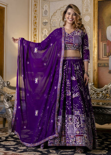 Superb Purple Color Blooming Fabric Party Wear Lehenga