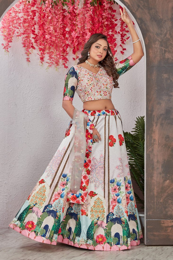 Striking Cream Color Silk  Fabric Party Wear Lehenga