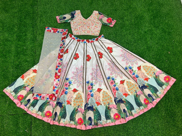 Striking Cream Color Silk  Fabric Party Wear Lehenga