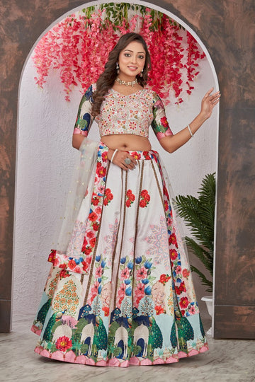 Striking Cream Color Silk  Fabric Party Wear Lehenga