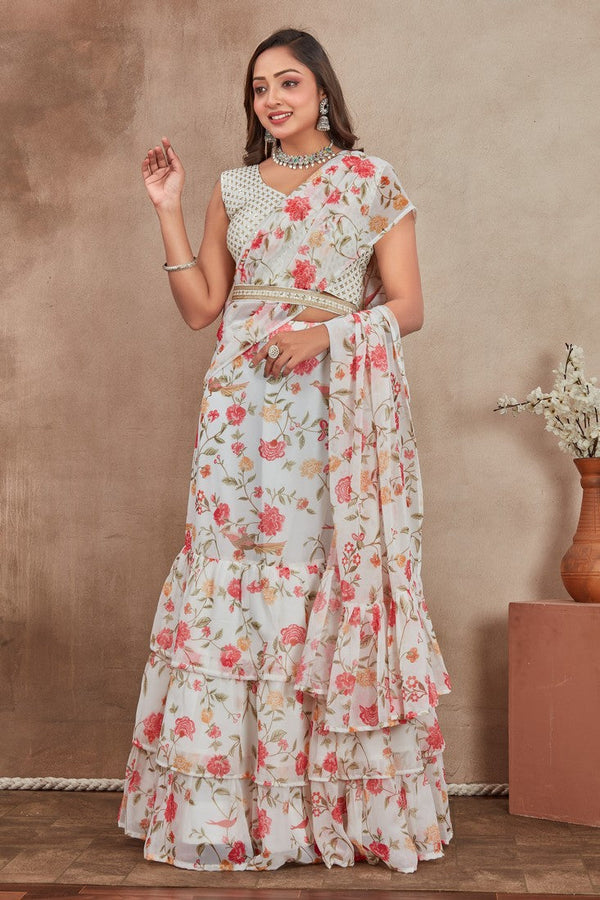 Striking Cream Color Georgette Fabric Party Wear Lehenga