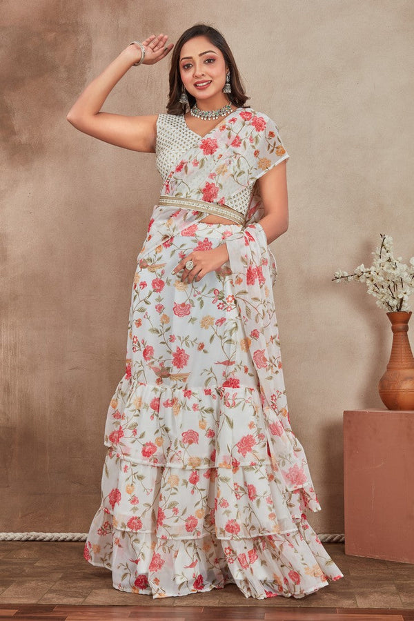 Striking Cream Color Georgette Fabric Party Wear Lehenga
