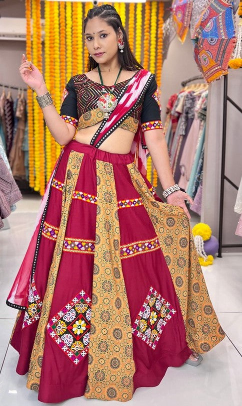 Amazing Maroon Color Muslin Fabric Party Wear Lehenga