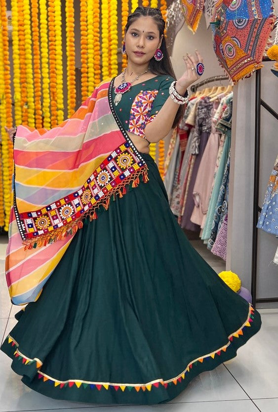 Dazzling Green Color Rayon Fabric Designer Lehenga