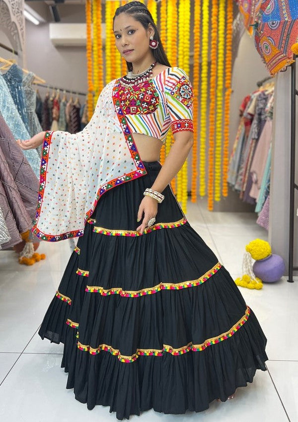 Dazzling Black Color Rayon Fabric Designer Lehenga