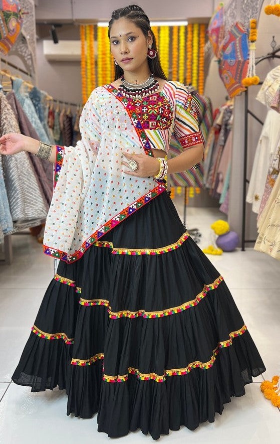 Dazzling Black Color Rayon Fabric Designer Lehenga
