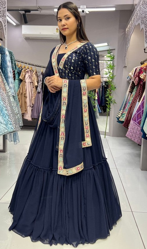 Impressive Navy Blue Color Georgette Fabric Designer Lehenga
