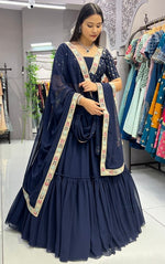 Impressive Navy Blue Color Georgette Fabric Designer Lehenga