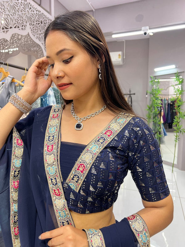 Impressive Navy Blue Color Georgette Fabric Designer Lehenga