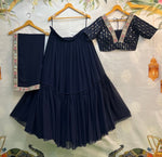 Impressive Navy Blue Color Georgette Fabric Designer Lehenga