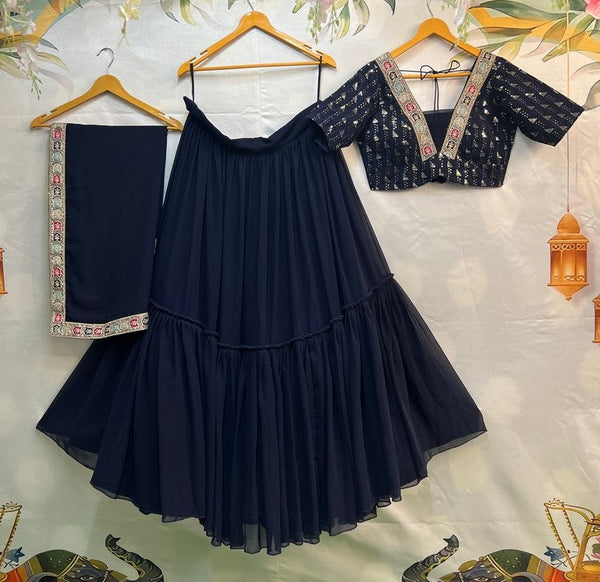 Impressive Navy Blue Color Georgette Fabric Designer Lehenga