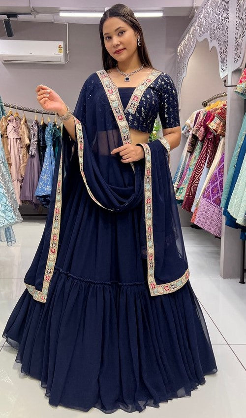 Impressive Navy Blue Color Georgette Fabric Designer Lehenga