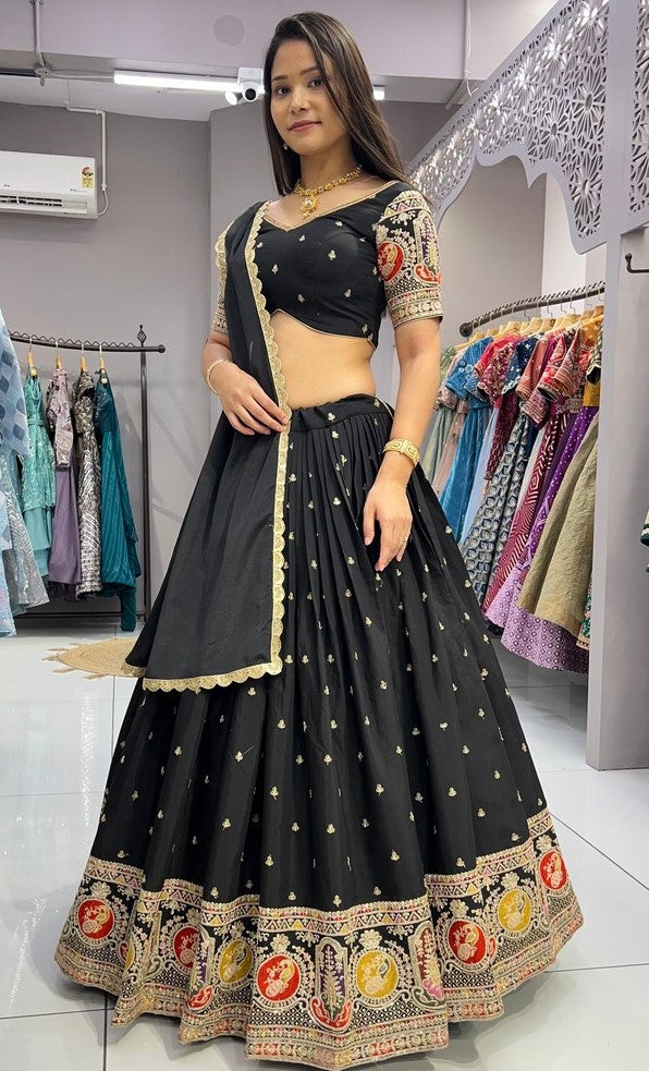 Impressive Black  Color Silk  Fabric Designer Lehenga