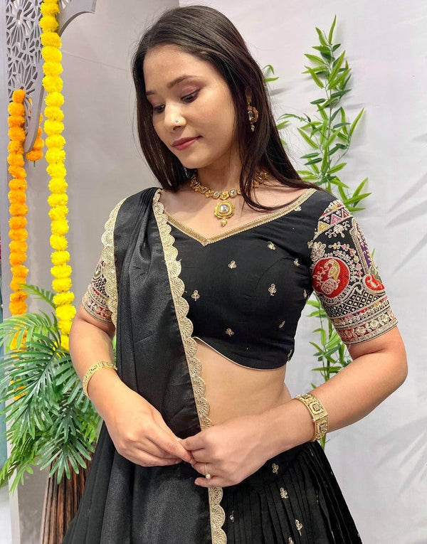Impressive Black  Color Silk  Fabric Designer Lehenga