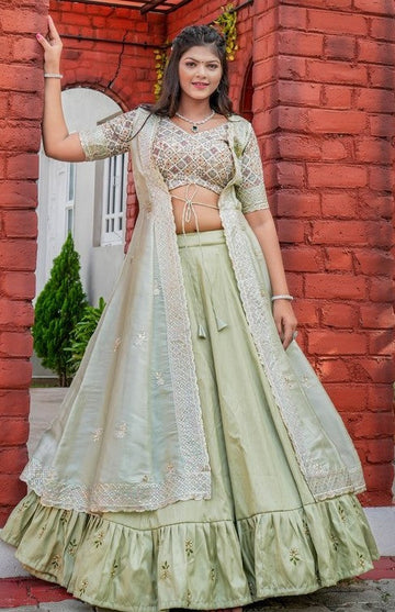Dazzling Green Color Silk Fabric Party Wear Lehenga