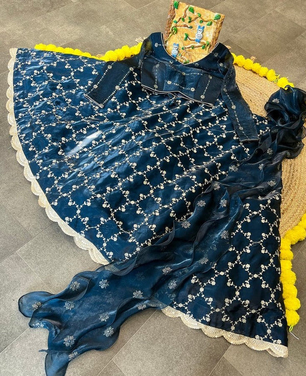 Dazzling Teal Color Jimmy Fabric Party Wear Lehenga
