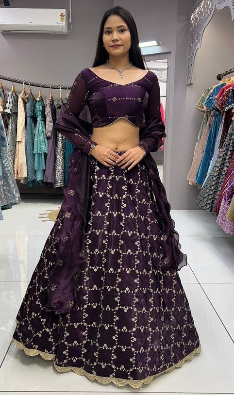 Dazzling Wine Color Jimmy Fabric Party Wear Lehenga