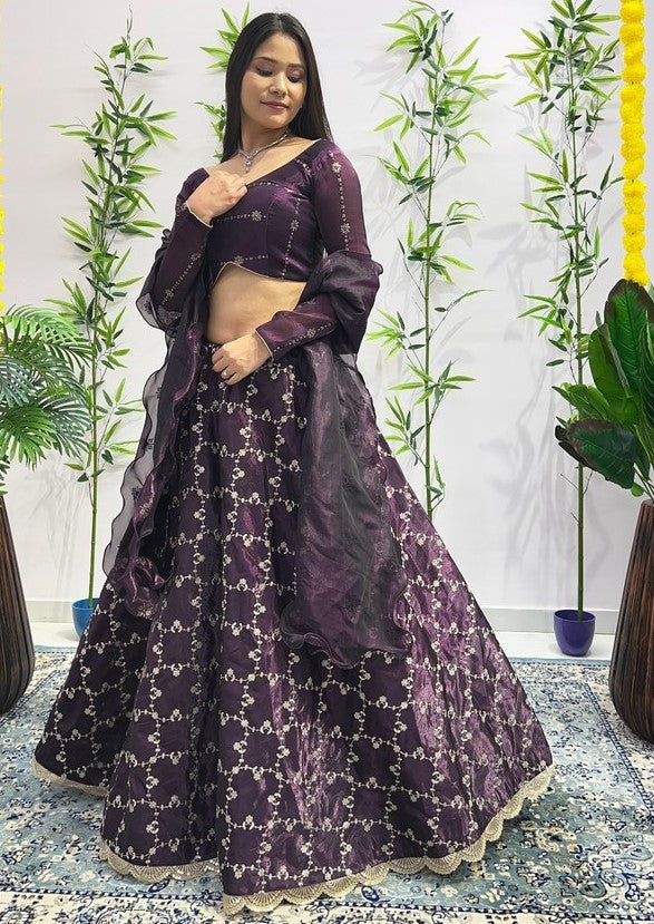 Dazzling Wine Color Jimmy Fabric Party Wear Lehenga