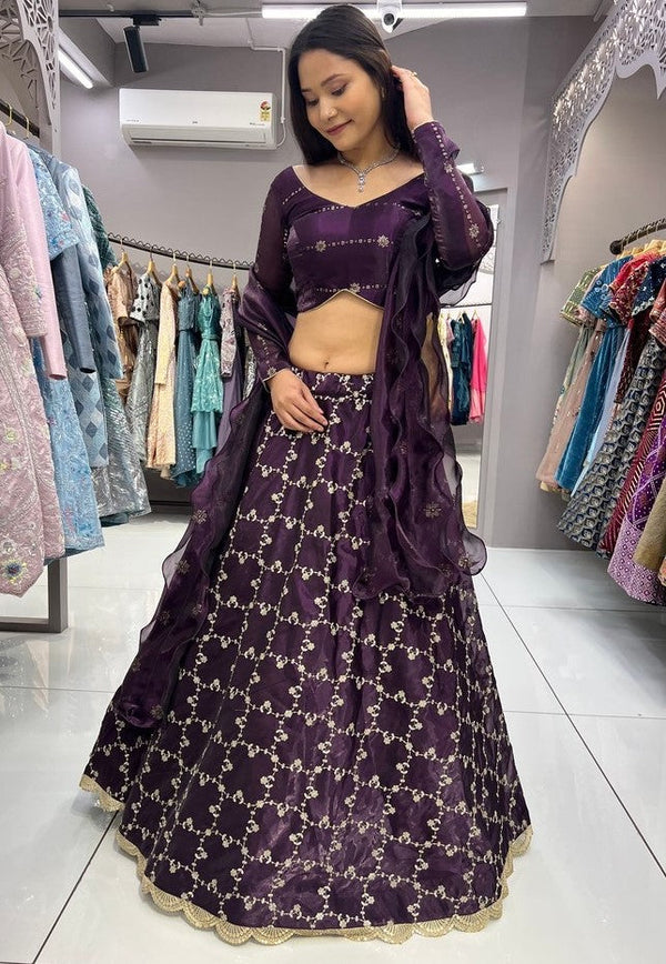 Dazzling Wine Color Jimmy Fabric Party Wear Lehenga