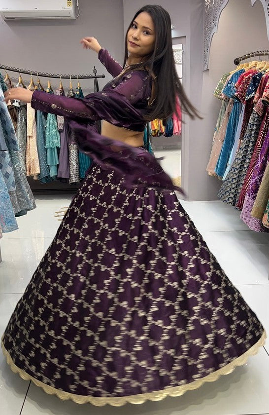 Dazzling Wine Color Jimmy Fabric Party Wear Lehenga