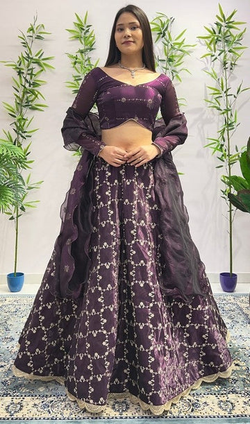 Dazzling Wine Color Jimmy Fabric Party Wear Lehenga