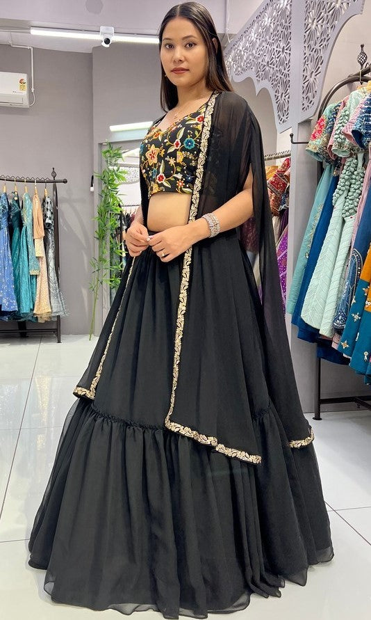 Dazzling Black Color Georgette Fabric Party Wear Lehenga
