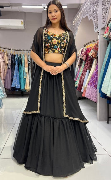 Dazzling Black Color Georgette Fabric Party Wear Lehenga