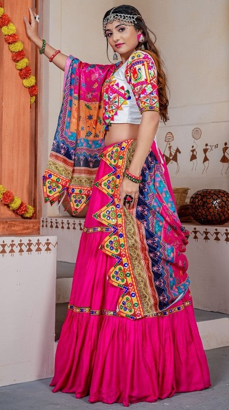 Dazzling Pink Color Rayon  Fabric Party Wear Lehenga