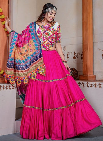 Dazzling Pink Color Rayon  Fabric Party Wear Lehenga