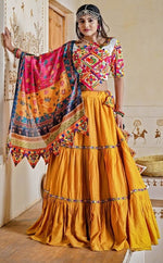 Dazzling Yellow Color Rayon  Fabric Party Wear Lehenga