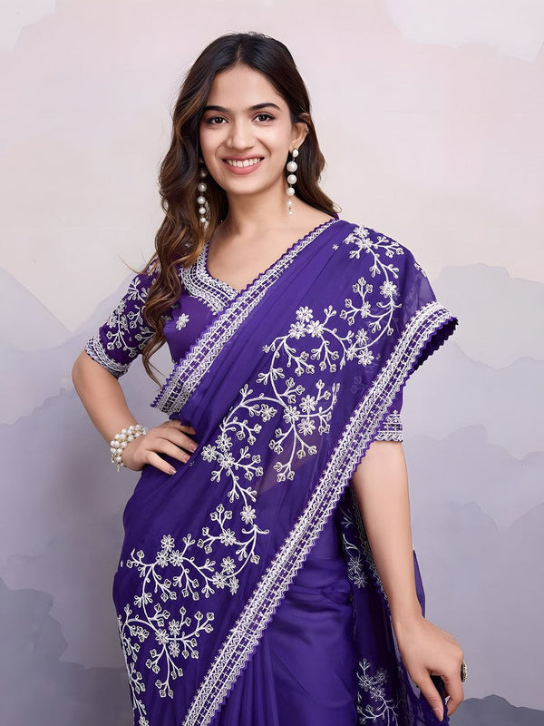 Graceful Purple Color Organza Fabric Casual Saree
