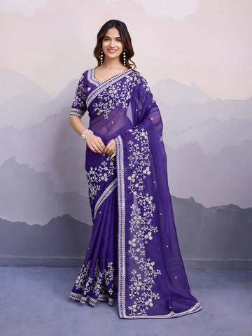 Graceful Purple Color Organza Fabric Casual Saree