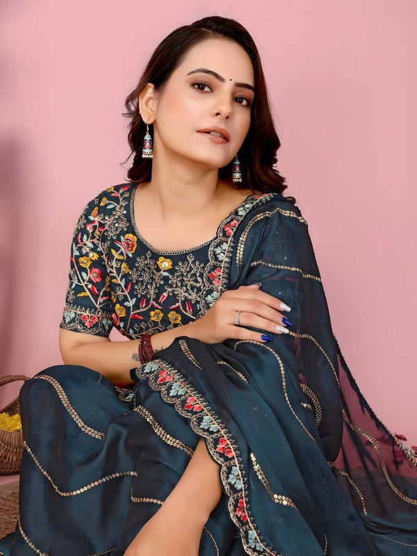Graceful Teal Color Silk Fabric Designer Saree